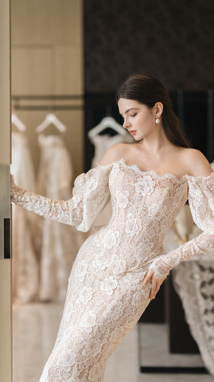 「时尚穿搭」暖白蕾丝宫廷风鱼尾婚纱礼服