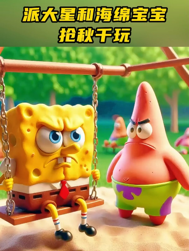派大星和海绵宝宝抢秋千玩!
