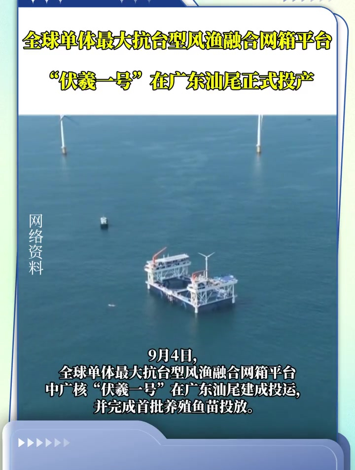 9月4日,全球单体最大抗台型风渔融合网箱平台中广核“伏羲一号”在广东汕尾建成投运,并完成首