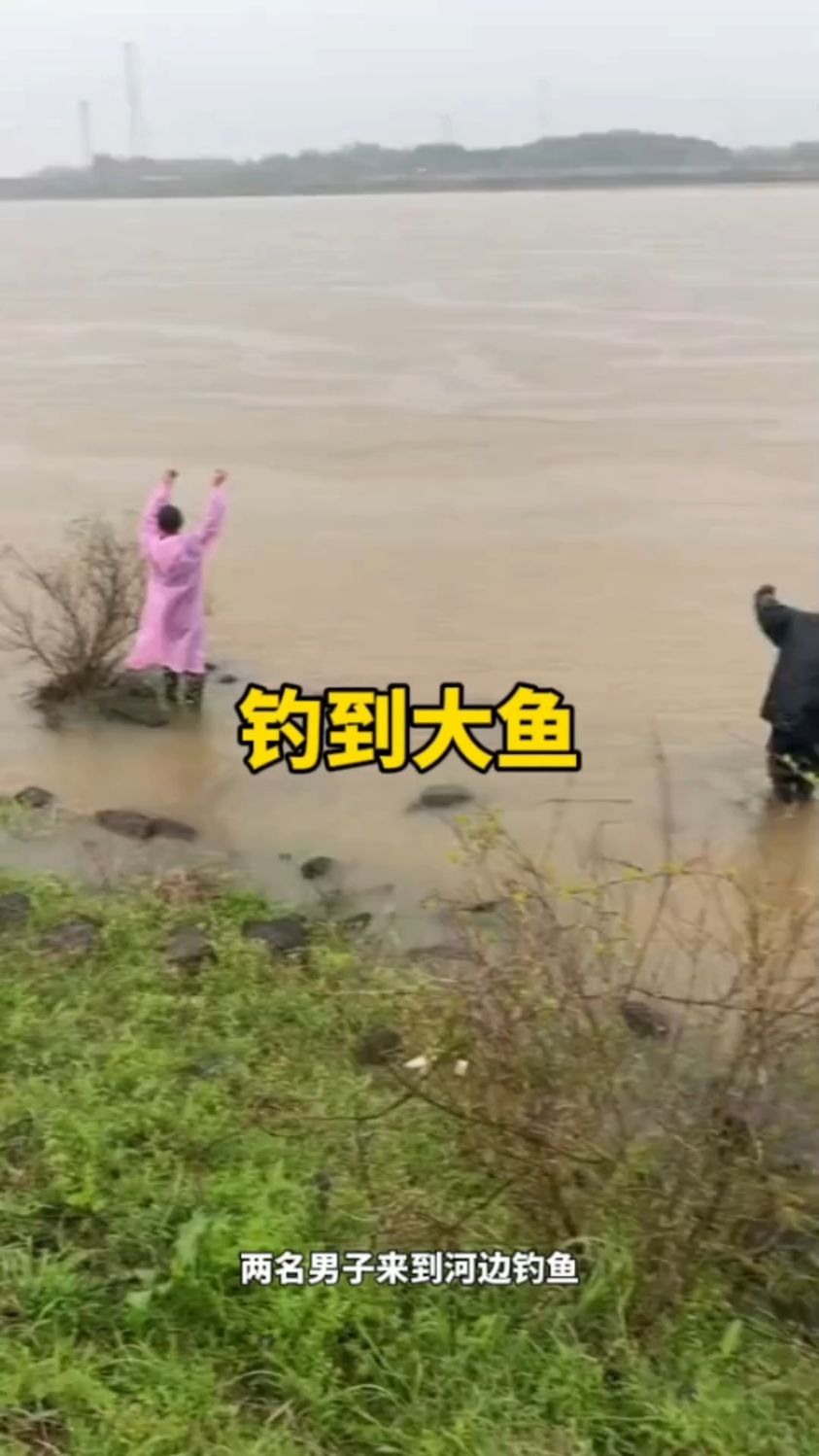 在河边钓到一条大鱼