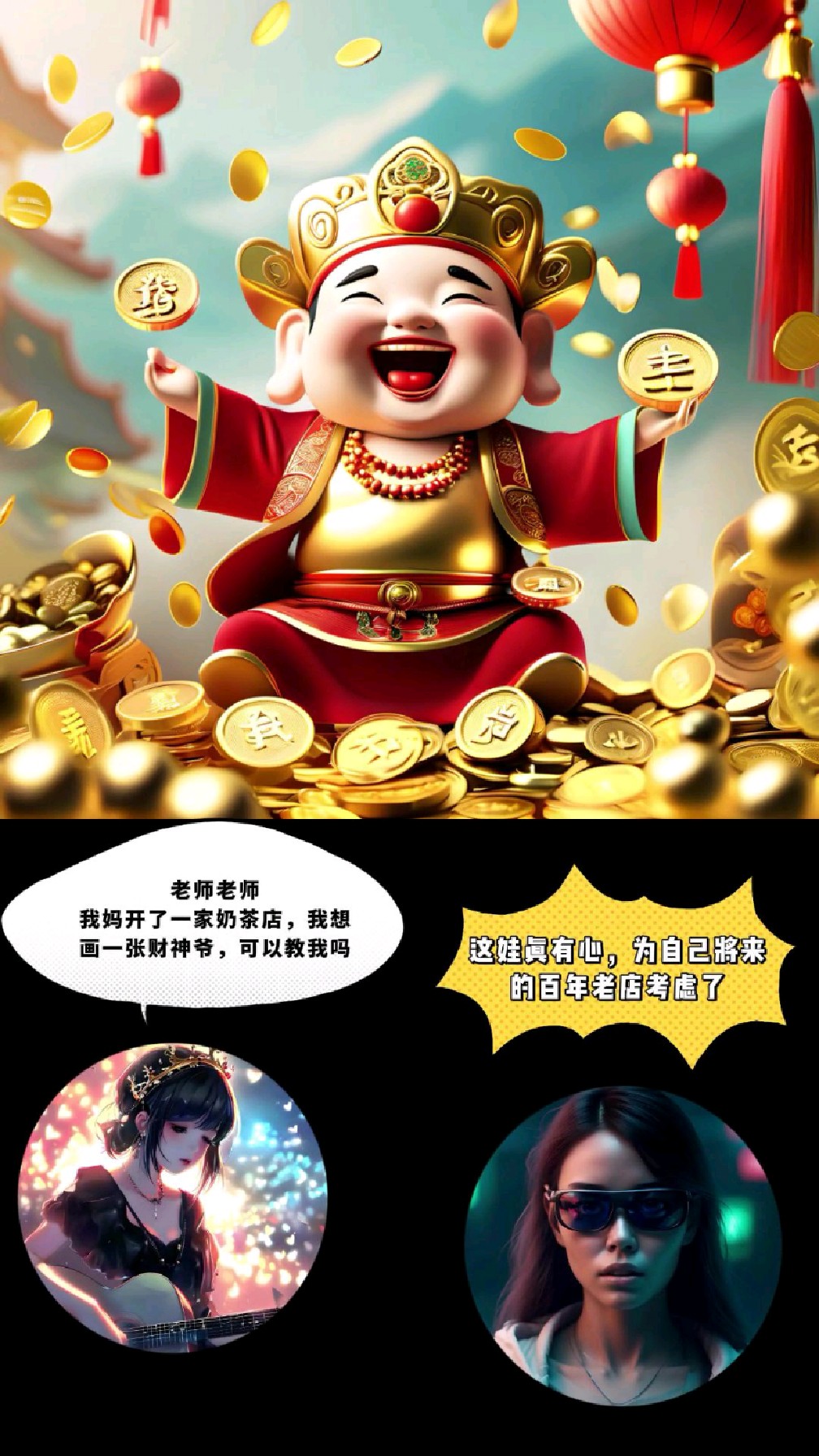 妈妈的奶茶店开业了,我想画一张财神爷头像,希望今年生意兴荣啊