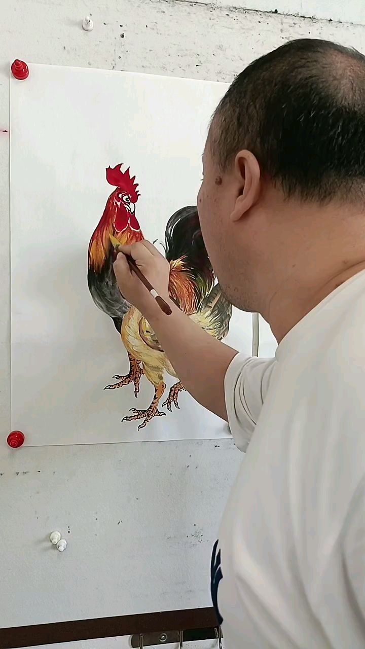 王兴民国画公鸡:公鸡,母鸡,小鸡,组合作品