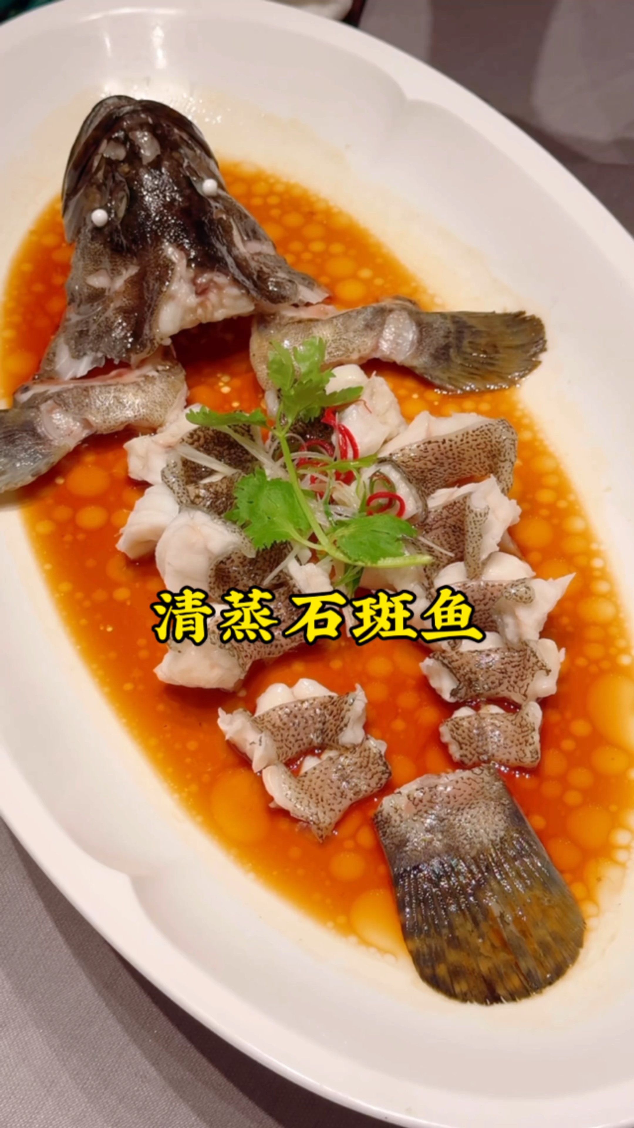 中秋节家人团聚吃浙江菜,清蒸石斑鱼,肉质洁白细嫩,味道鲜美