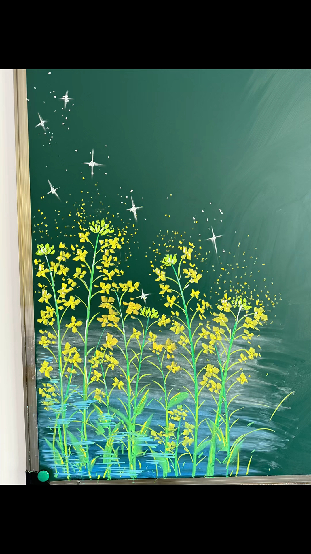 油菜花粉笔画黑板报分享#手抄报#热门#粉笔画