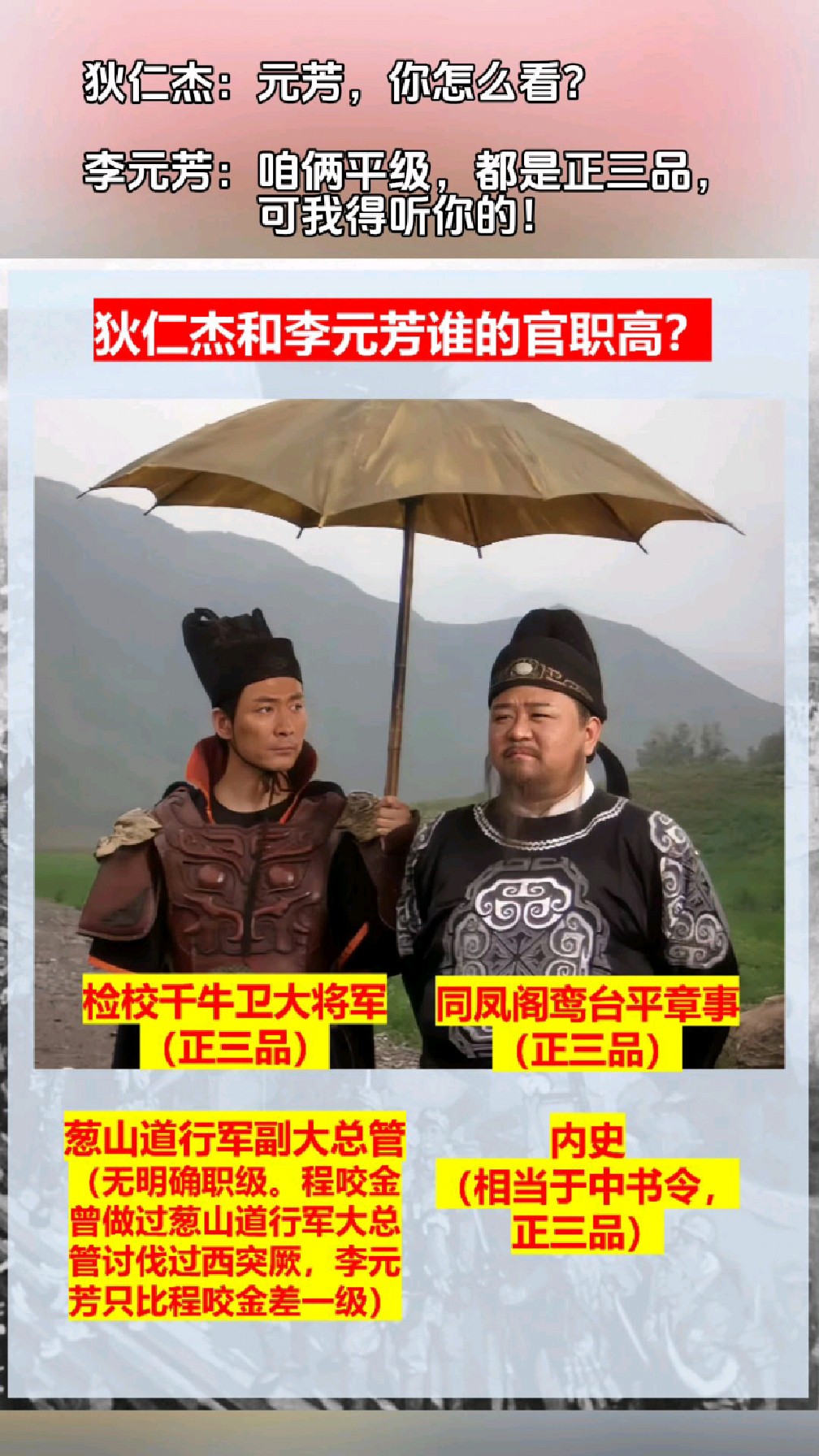 狄仁杰和李元芳,谁的官职高?