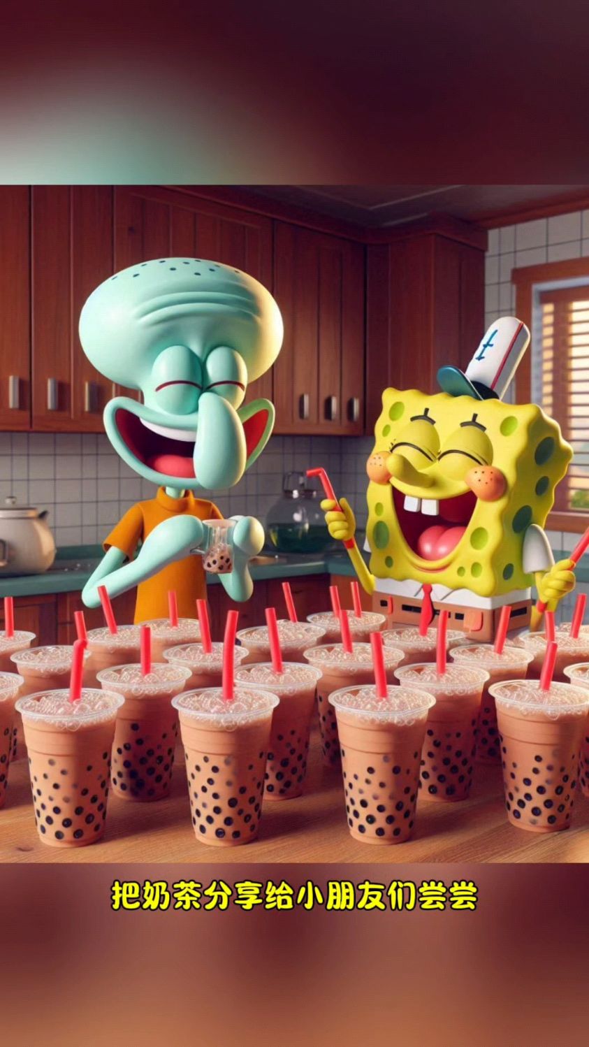 海绵宝宝和章鱼哥做出了许多口味的奶茶,分享给小朋友们一起喝