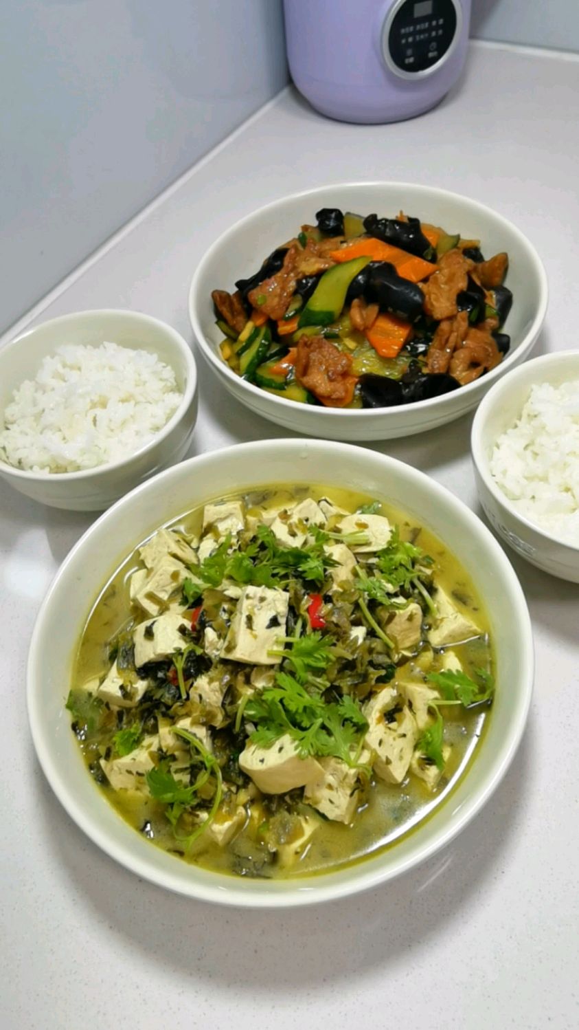 晚餐做了黄瓜炒肉片和雪菜滚豆腐,两个家常菜,好做又好吃