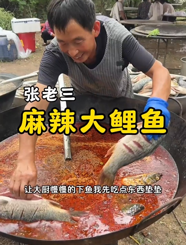 乡村大锅菜一道麻辣大鲤鱼,香辣入味