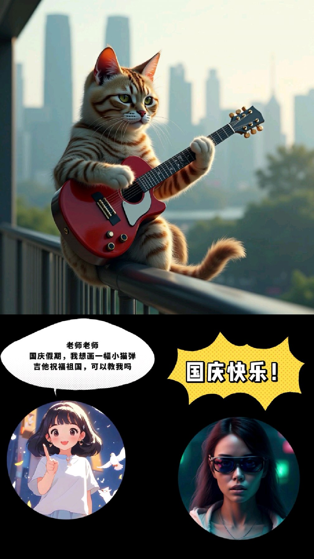 AI绘画小猫弹吉他祝福祖国生日快乐,小学生也能听懂的AI简约教程