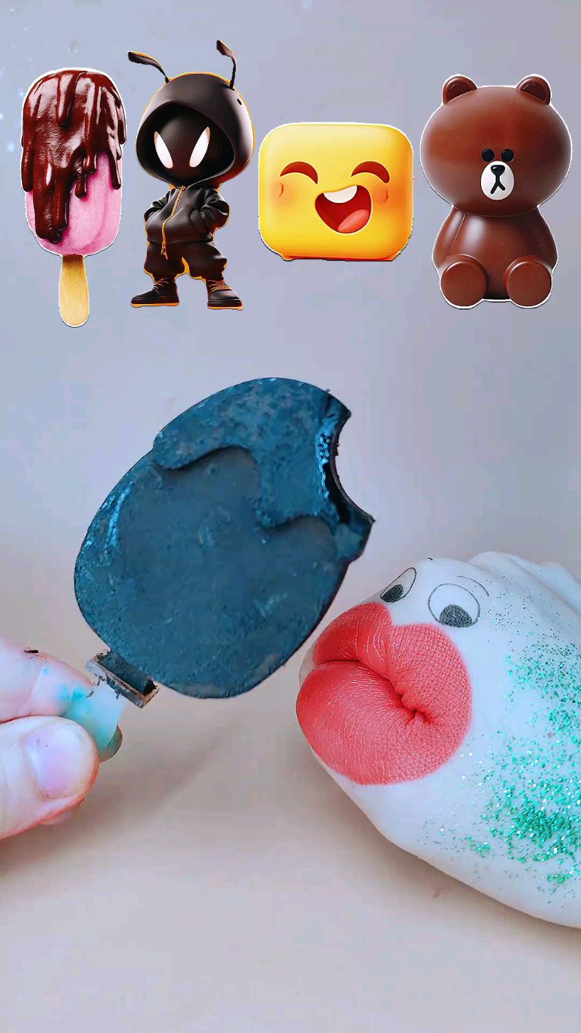 二次元美食,用黑巧克力制作的碳黑小雪糕和卡通狗熊糖