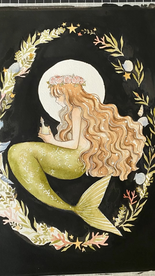 一副关于美人鱼水粉画～