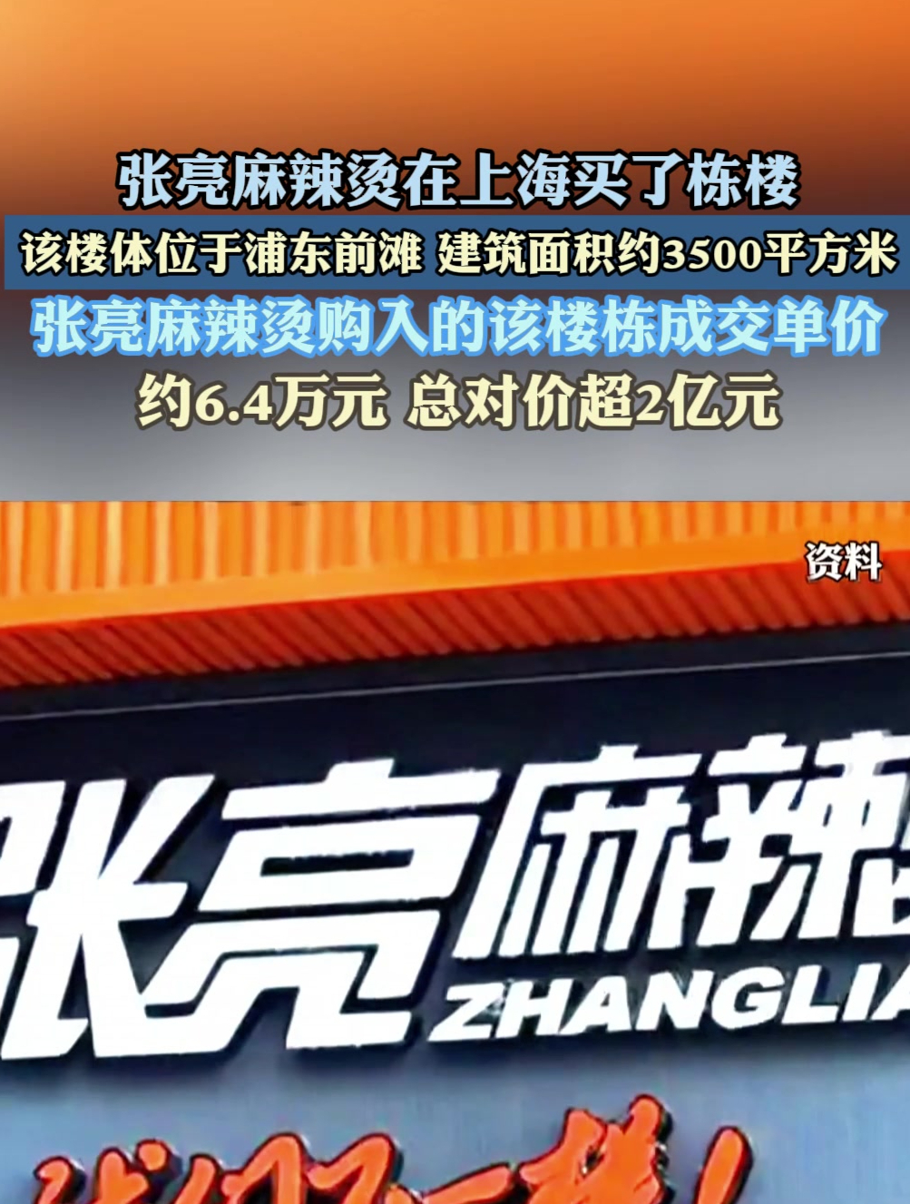 张亮麻辣烫在上海买了栋楼,建筑面积约3500平方米总对价超2亿元