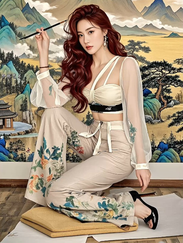 穿越时空的艺术之旅,美女画家绘制的黄山山水画,东方韵味十足!
