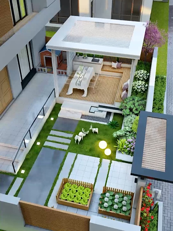 90平院子凉亭水景菜地 就这么布局