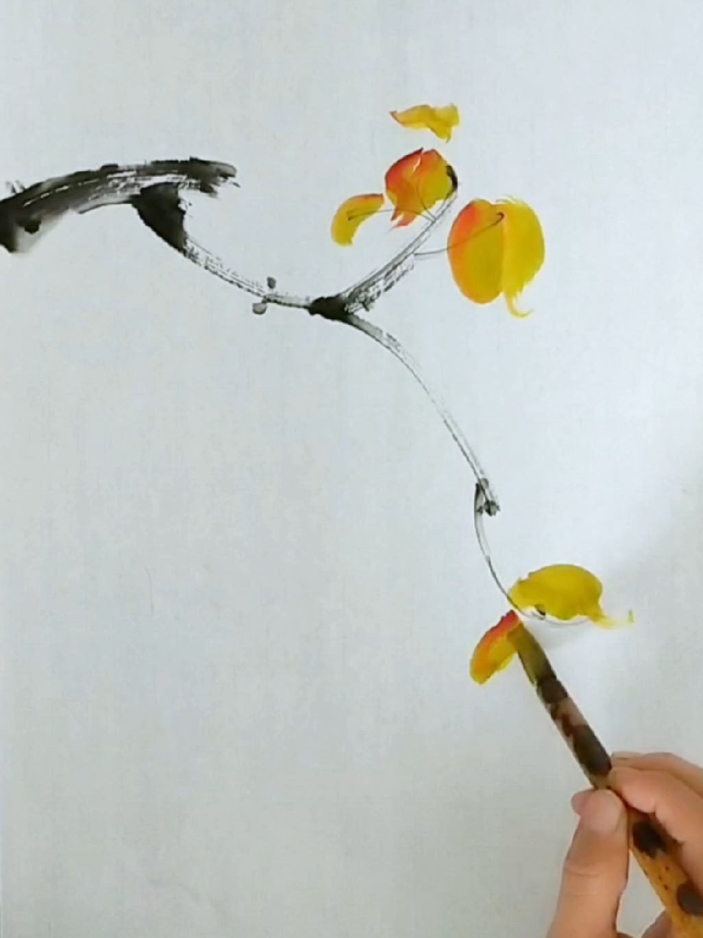 画几片深秋的黄树叶 手绘国画作品