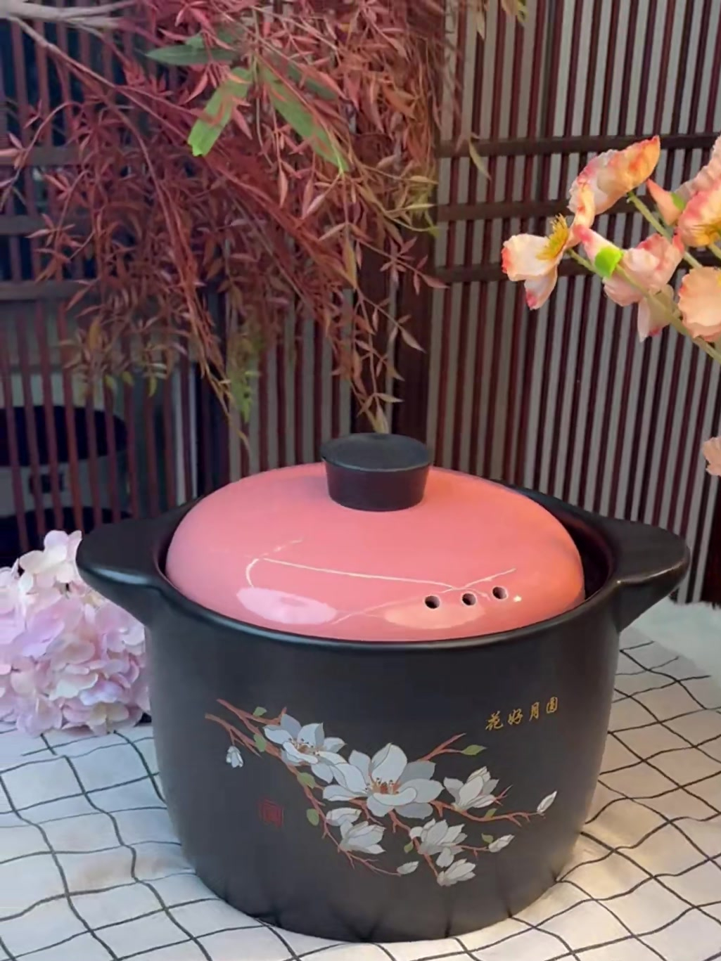 5升粉盖加厚花好月圆砂锅干烧不裂耐高温明火煲汤家用餐饮锅
