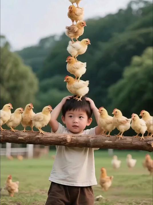 小男孩头顶小鸡叠罗汉,手上木杆也站满!这招你敢试吗?