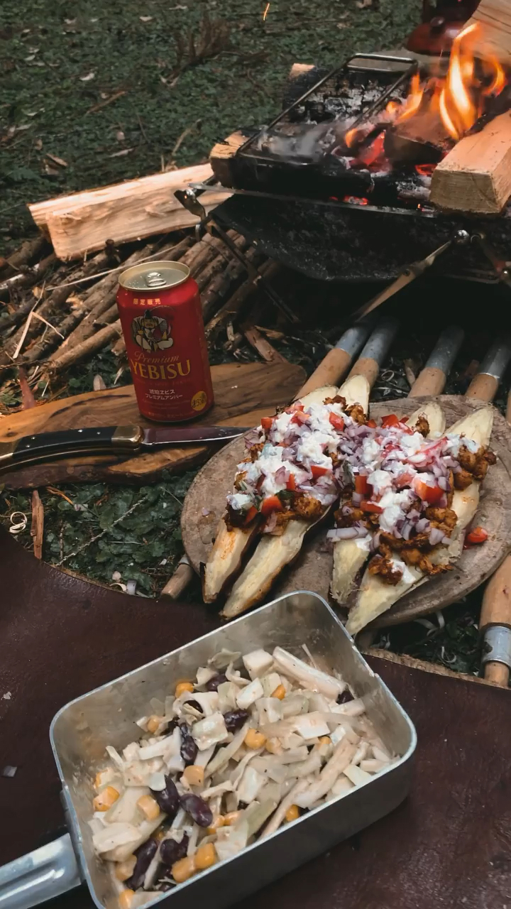 野餐食谱:辣鸡肉、蔬菜、酸奶油酱、番薯切半,简单好做非常好吃的露营餐。