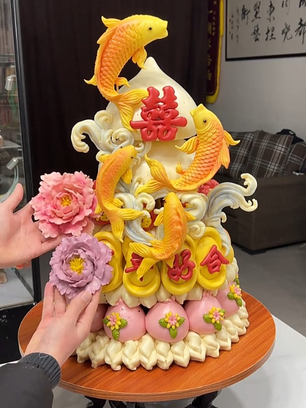 立体大鲤鱼跳起来,新中式花馍蛋糕太漂亮了!