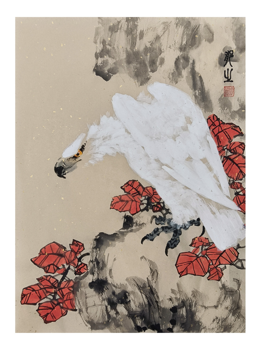 郁之国画白鹰红叶(下)