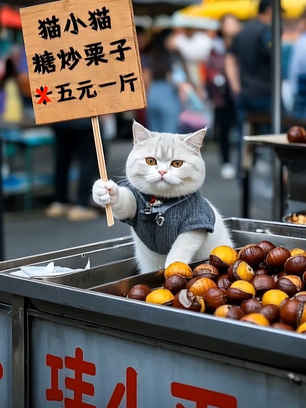 勤劳猫咪摆摊,靠卖糖炒栗子养活自己