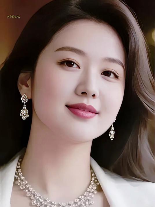 她五官精致，唇红齿白，标准鹅蛋脸，皮肤通透明亮
