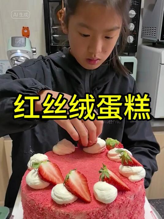 女儿今天做了一个八寸的红丝绒的蛋糕，为了庆祝她干爹的新店开业