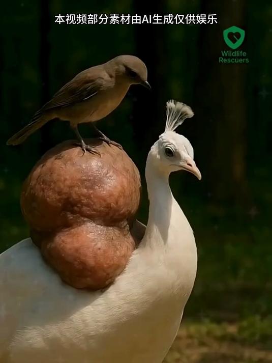 白孔雀背上鼓个大肉瘤，还有小鸟站上面，好怪！