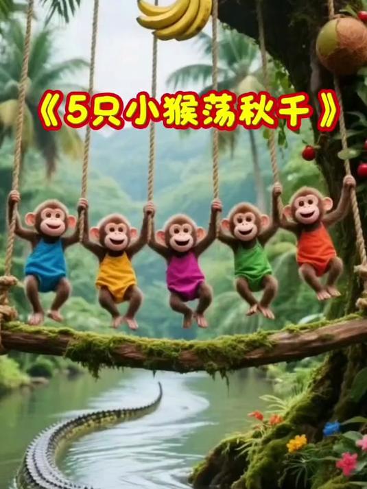 益智启蒙早教儿歌动画大全《5只小猴荡秋千》嘲笑鳄鱼被水淹