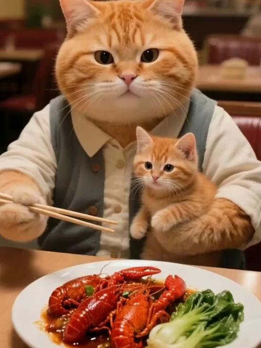 大橘猫带小猫下馆子吃小龙虾,这拟人化干饭画面也太绝了!