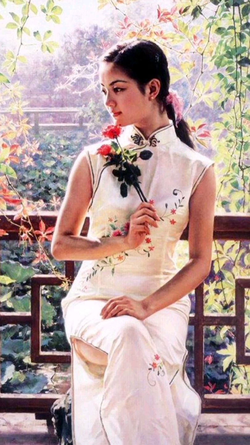 中式背景,旗袍长裙美女油画作品欣赏