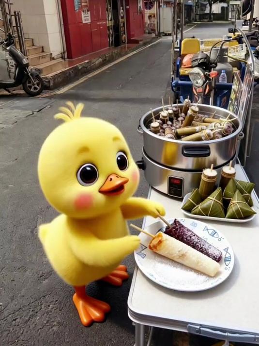 小鸭子街边吃完粽子觉得好吃～，转头买一堆送给流浪汉爷爷吃