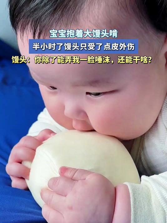宝宝抱着大馒头啃,半小时了,馒头只受了点皮外伤