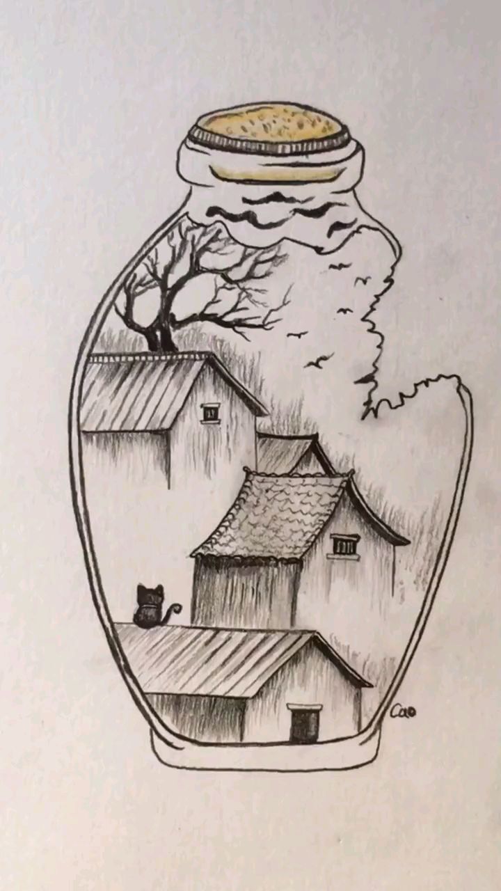素描简笔画:教大家画瓶子上的风景画