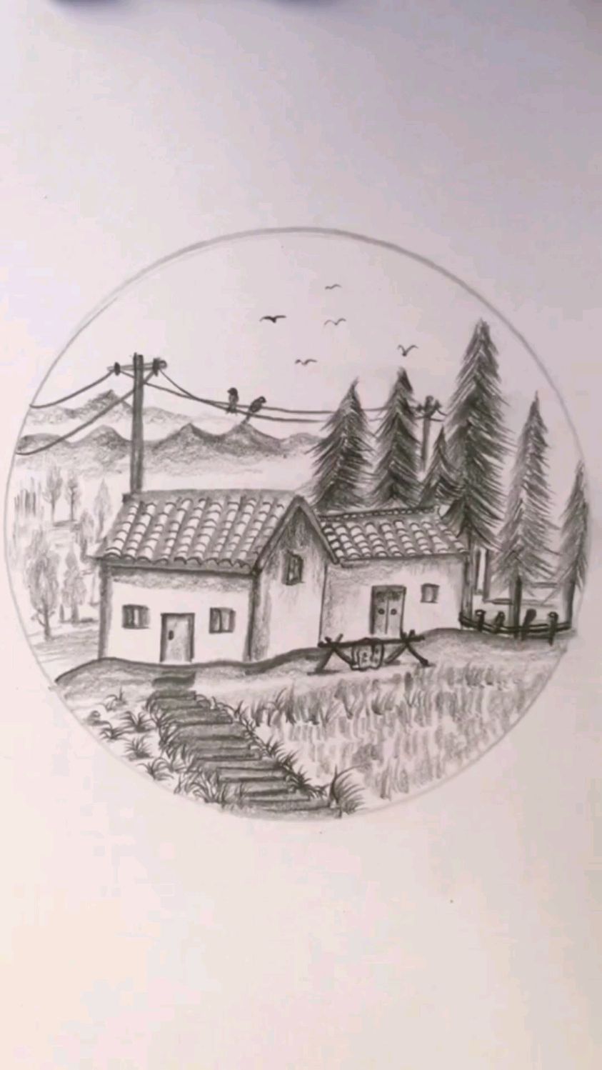 素描简笔画:教大家画简单的瓦房