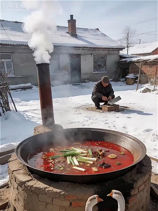 雪地大锅炖正香,俩大鹅一拱,锅翻汤洒,大爷懵了!