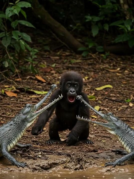 猩猩逆袭鳄鱼：水面大变身竟逼退敌人！欢乐剧情真精彩