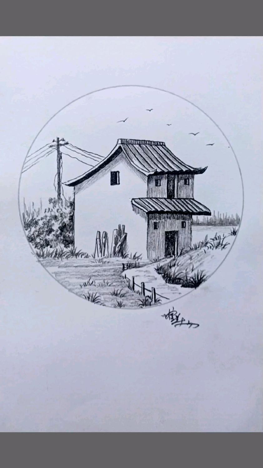 风景素描绘画乡土家乡