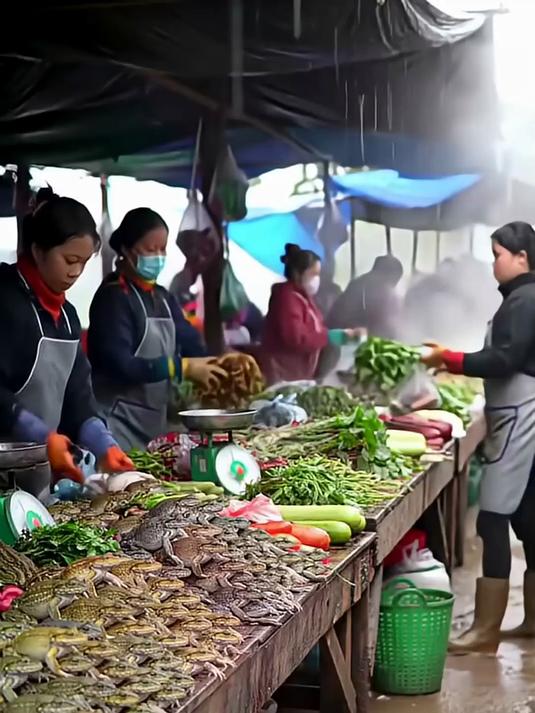 雨天菜市场热闹场景:新鲜蔬菜与忙碌摊贩画面