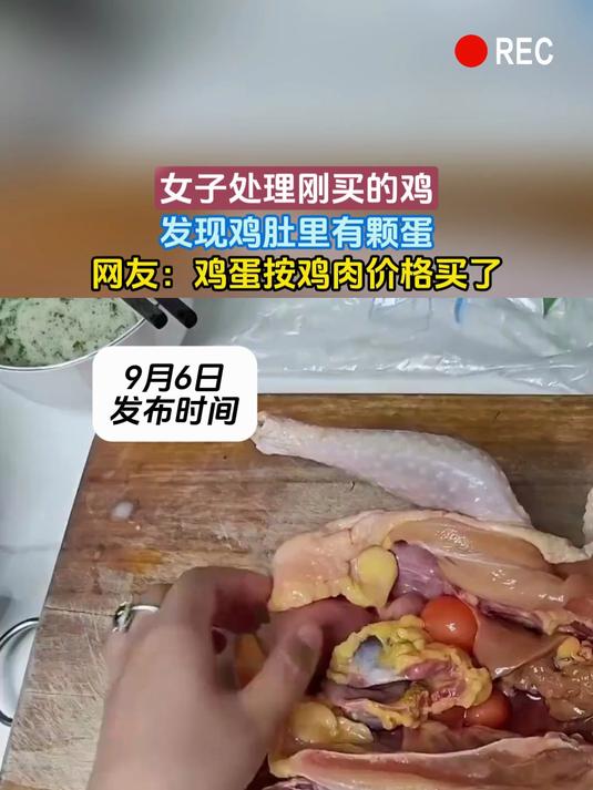 女子处理刚买的鸡,发现鸡肚里有颗蛋,网友:鸡蛋按鸡肉价格买了