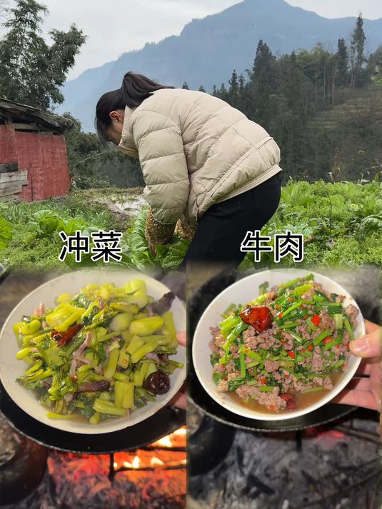 今天用青菜做冲菜炒腊肉吃还炒了牛肉超下饭哦