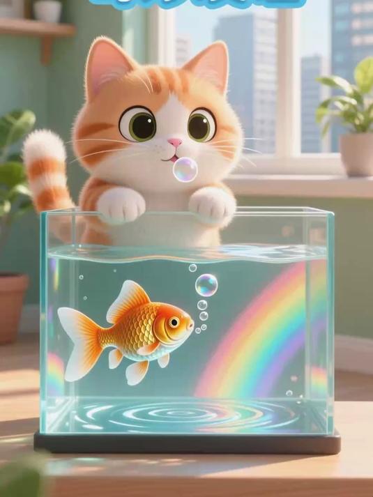 猫咪与金鱼的跨缸对望日常
