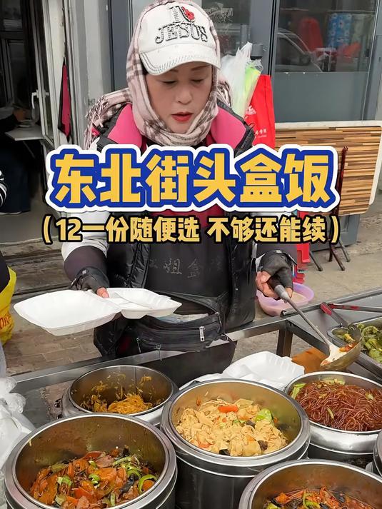 东北街头12一份的盒饭，有荤有素无限续～