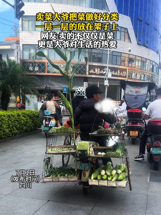 卖菜大爷把菜做好分类一层一层的放在架子上,网友:卖的不仅仅是菜,更是大爷对生活的热爱