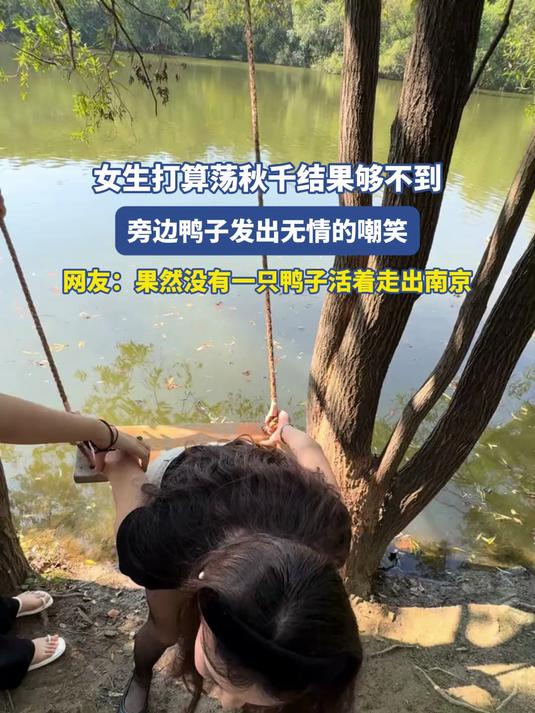 女生打算荡秋千结果够不到,旁边鸭子发出无情的嘲笑