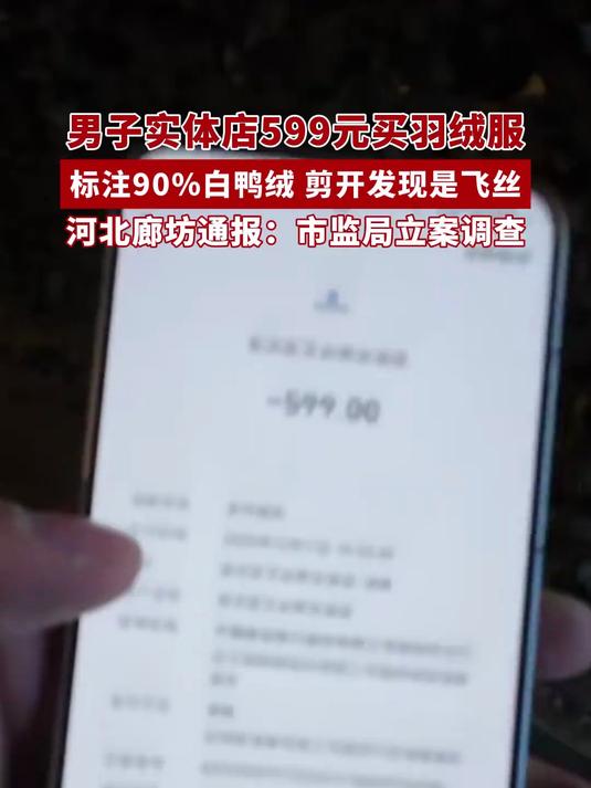 男子实体店599元买羽绒服,标注90%%白鸭绒,剪开发现是飞丝