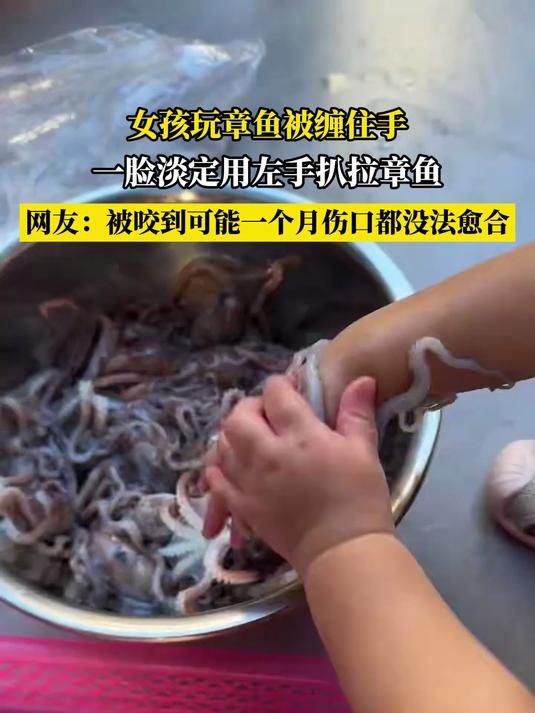 女孩玩章鱼被缠住手,一脸淡定用左手扒拉章鱼