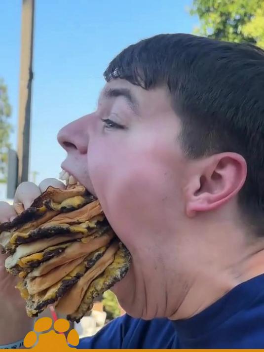 男孩拿着巨无霸汉堡,张开血盆大口咬下去,网友:动画片诚不欺我