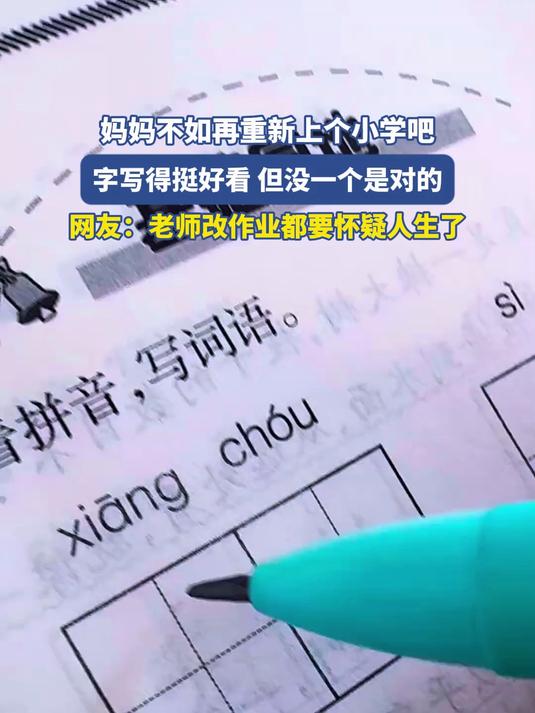 妈妈不如再重新上个小学吧,字写得挺好看但没一个是对的