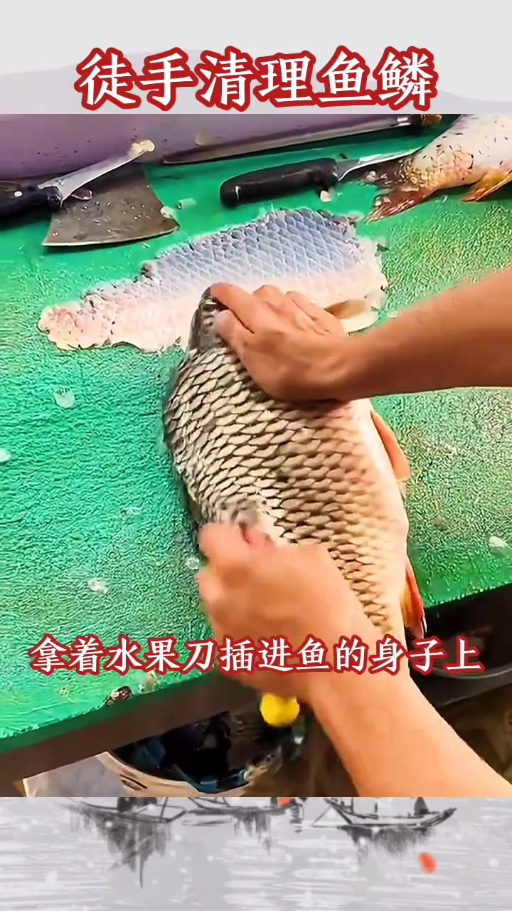 小伙用独特水果刀快速清理鱼鳞,鱼皮去哪了?动手能力惊人!